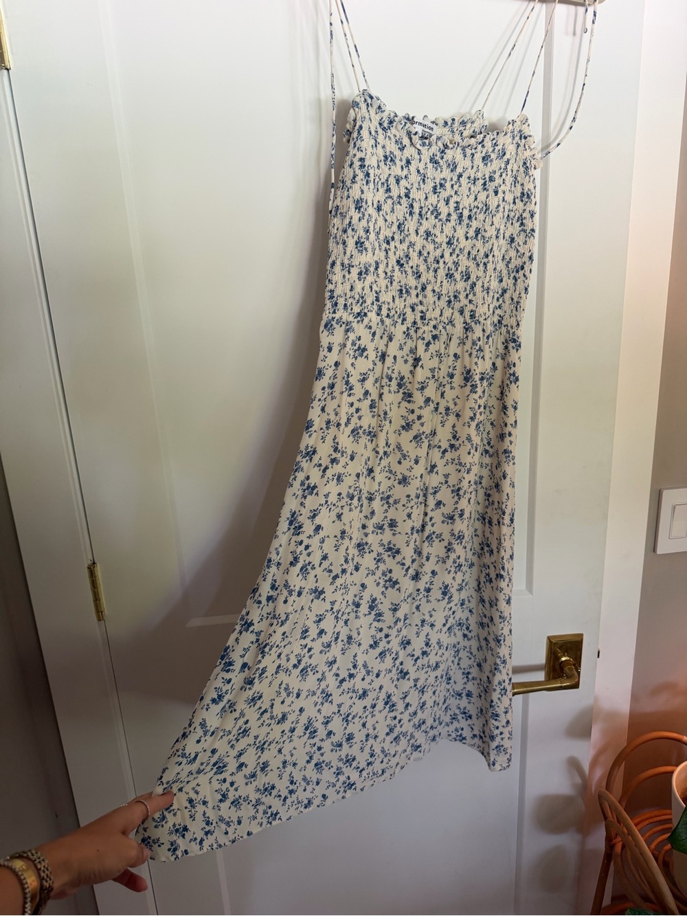 Reformation Floral Smocked Maxi Skirt in Cream and Blue